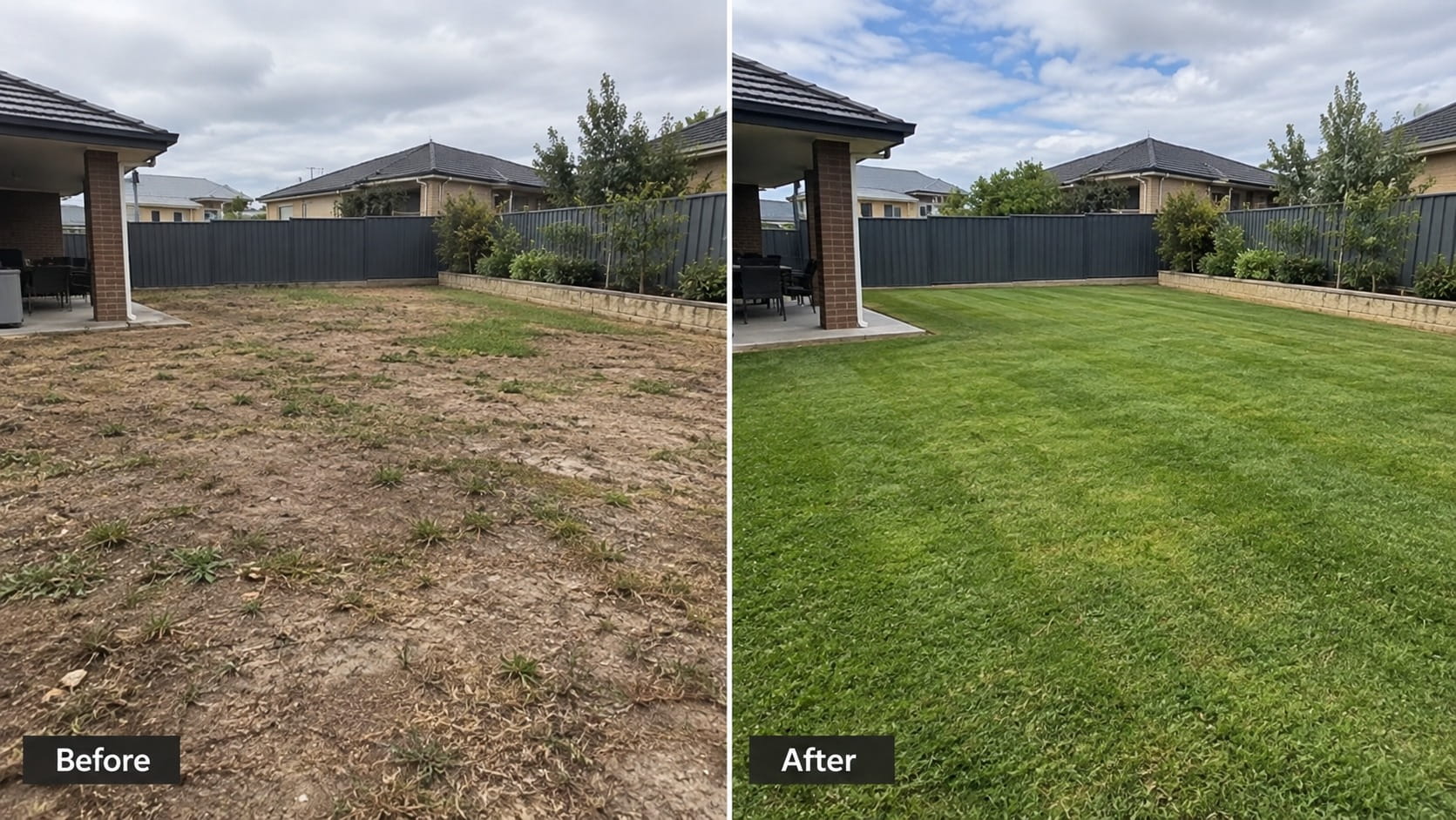 Before and after lawn renovation in a Perth backyard — bare, patchy ground replaced with lush, even turf