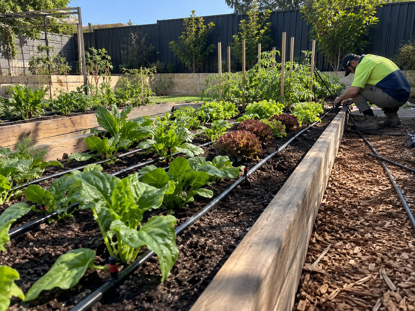 Drip irrigation watering a Perth garden bed